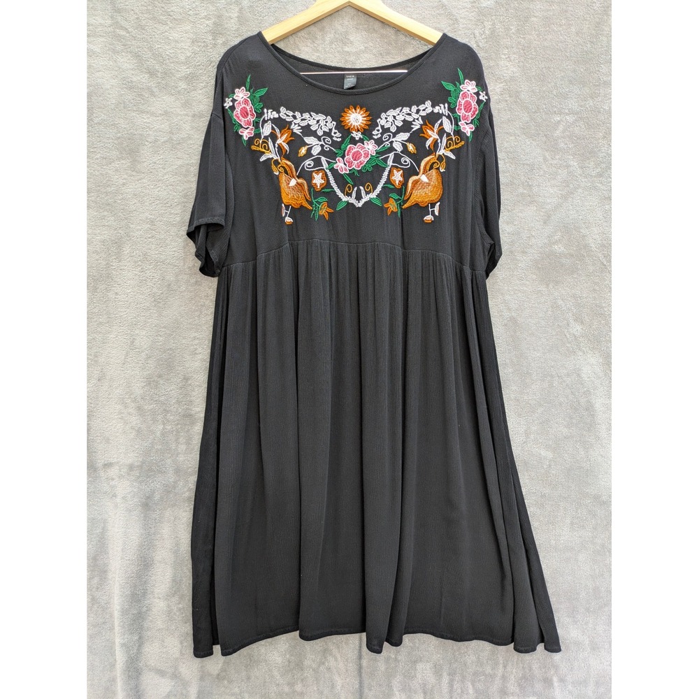 Boho Embroidered Babydoll Dress Womens 2XL Black Shein Curve Floral Short Sleeve
